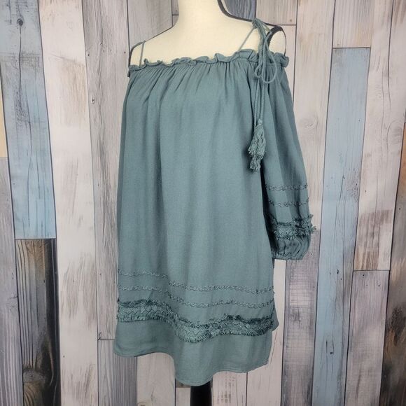 Mustard Seed Boho Off Shoulder Dress Long Sleeves Green Sage Size Small - Picture 1 of 11